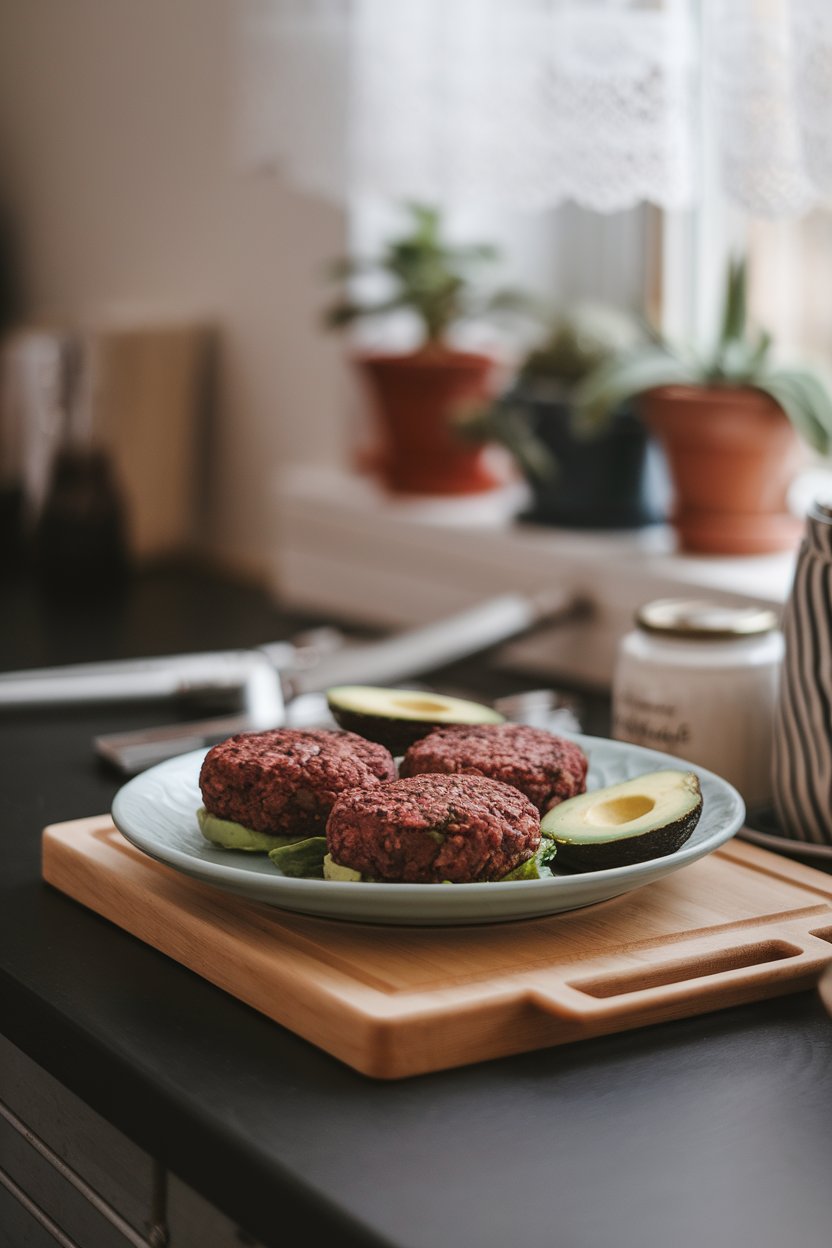 Indoor counter with a plate of cooked black bean burgers, avocado slices on the side. No text or logos.