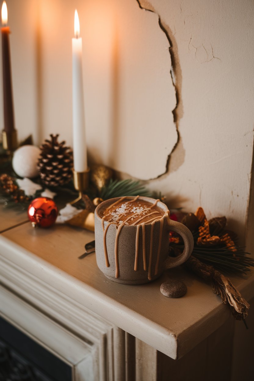 An indoor fireplace mantel scene with a stoneware mug of thick hot chocolate drizzled with caramel and a light sea-salt sprinkle. No logos or text. Photo.