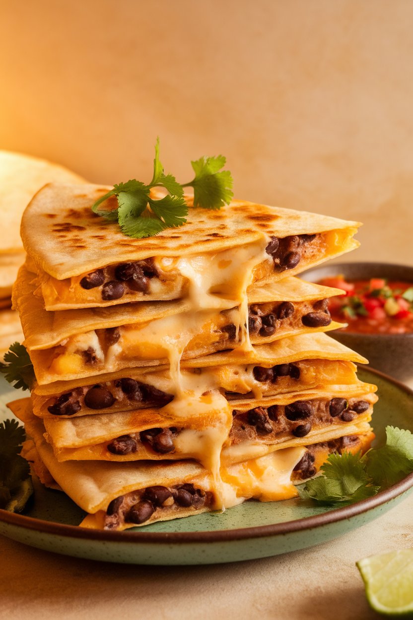 Indoor photo of triangle-cut quesadillas oozing cheese and black bean filling, stacked on a plate with salsa; no text or logos