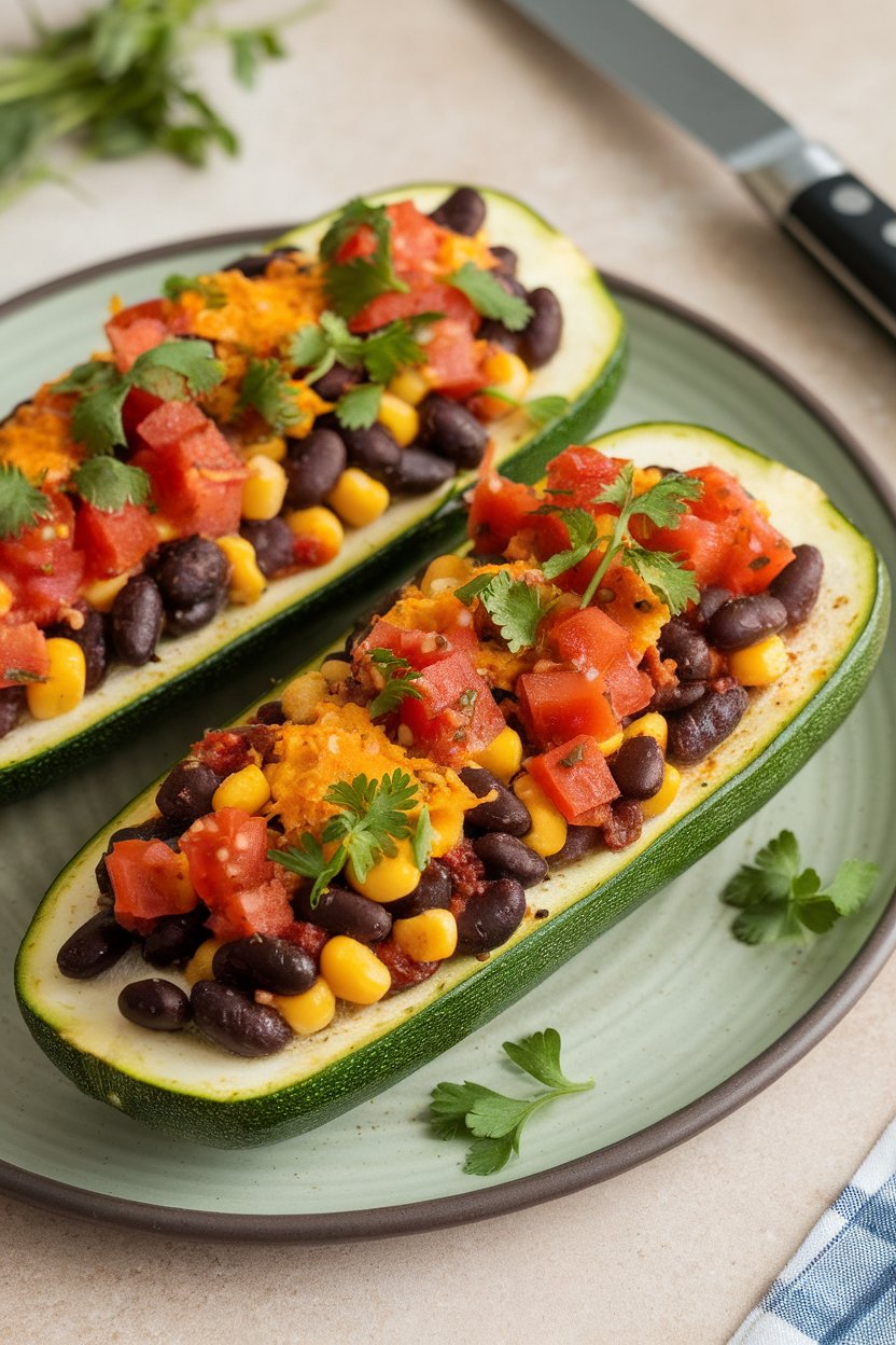 Indoor photo of halved zucchini filled with black beans, corn, salsa, and a sprinkle of reduced-fat cheddar, baked to bubbling. No text or logos.
