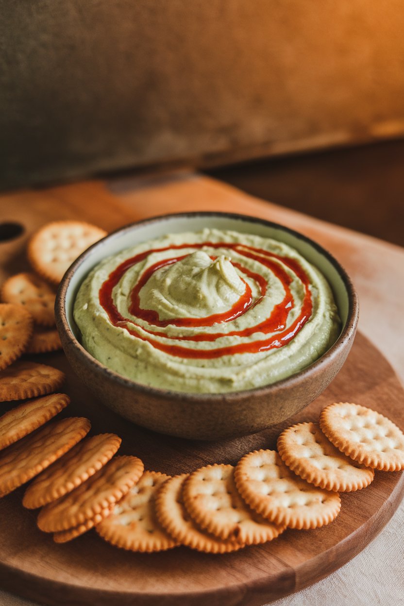 Photo of pale-green edamame dip swirled in a bowl with a drizzle of red sriracha on top, crackers arranged nearby, indoors. No text or logos.