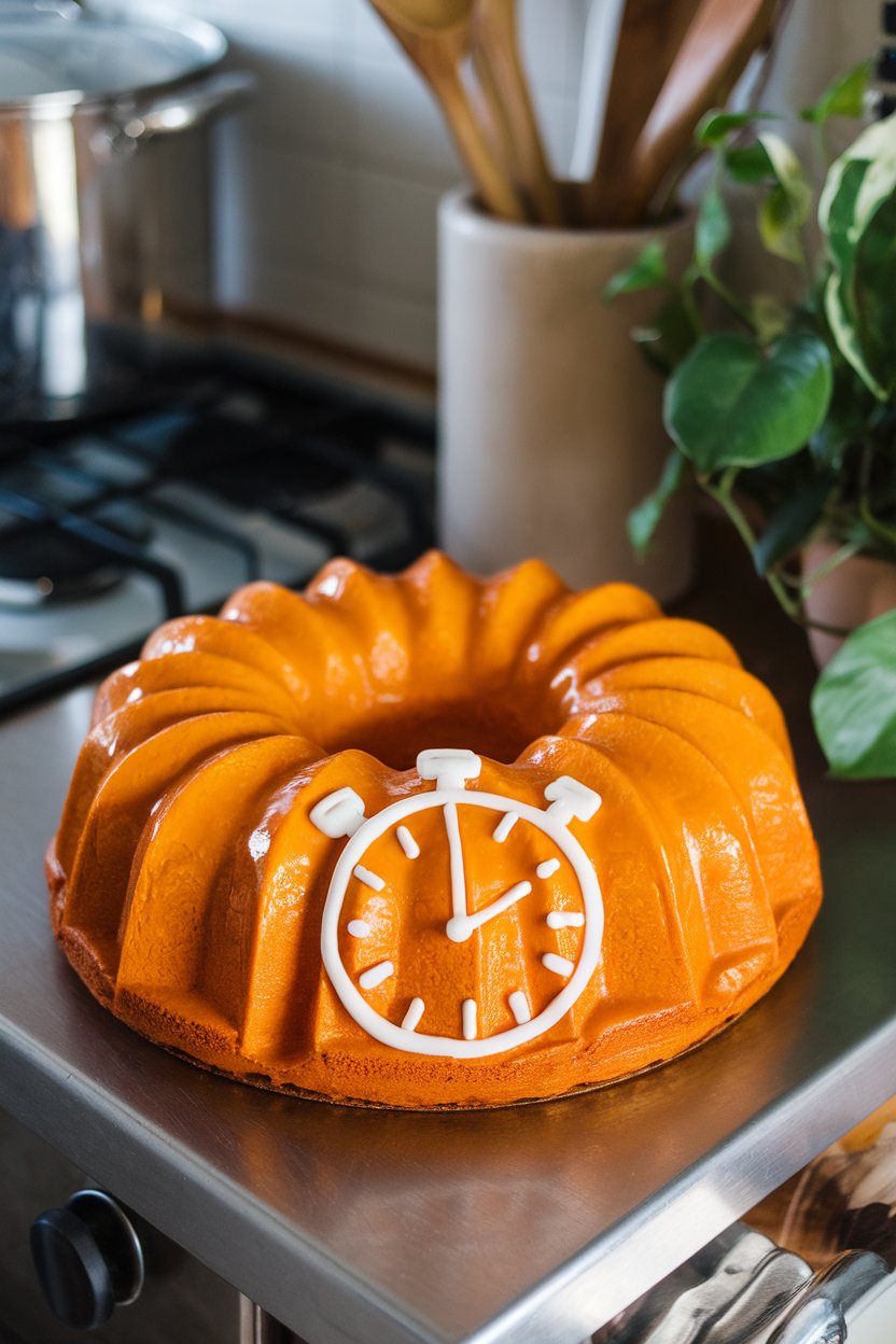 An indoor kitchen island with a bright orange-glazed Bundt cake, thin white icing stopwatch design drizzled on top—no text or logos.