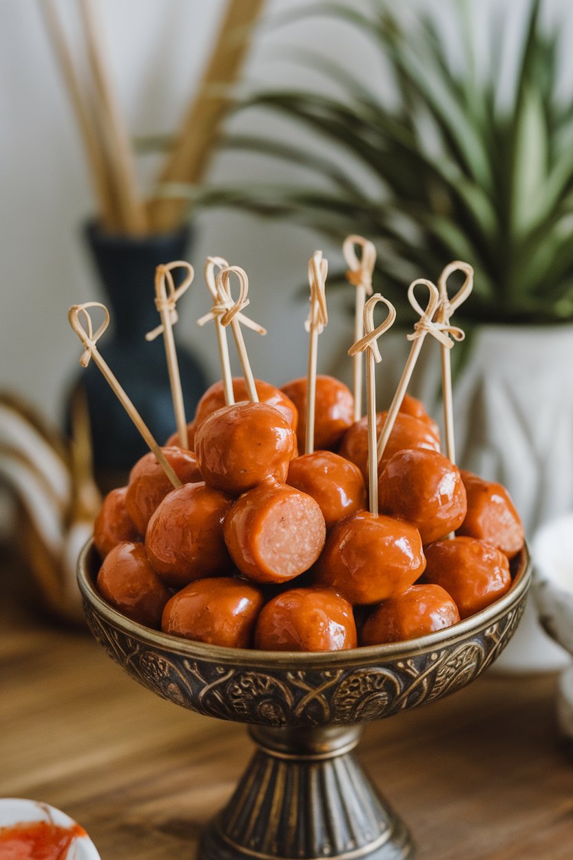 A cozy indoor serving dish with bite-size kielbasa rounds coated in glossy sweet chili sauce, toothpicks ready for easy grabbing; photo only, no text or logos.