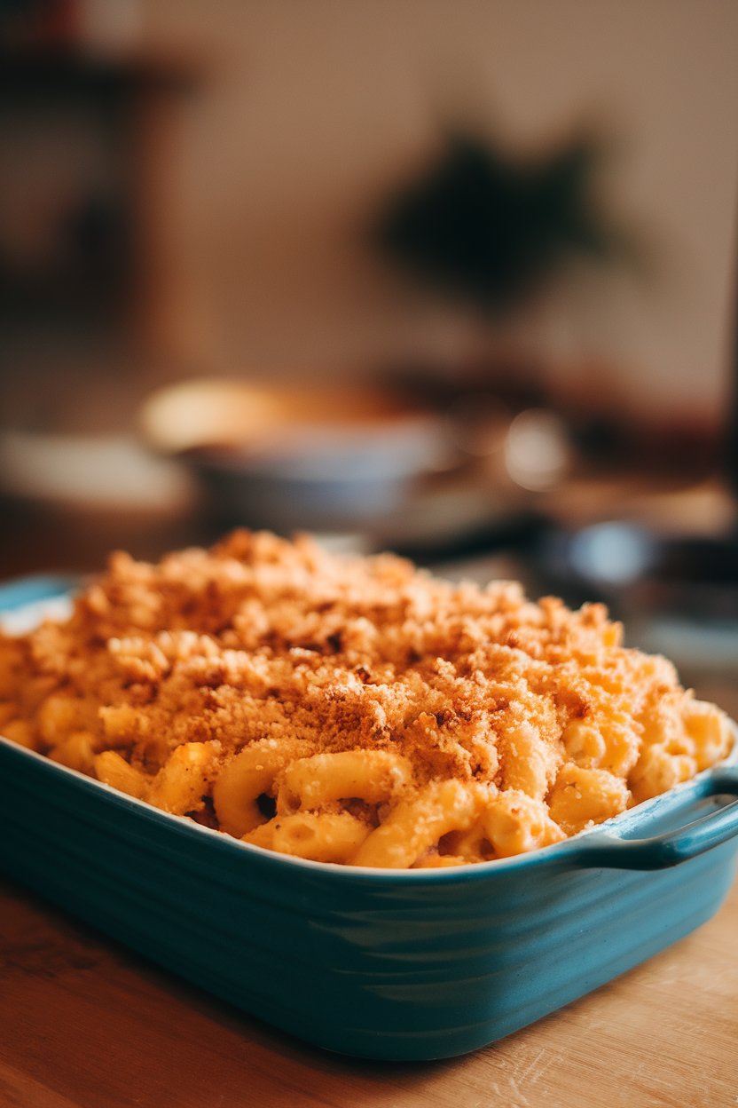Photo of a casserole dish of baked mac and cheese with golden breadcrumb topping on an indoor dining table, no text or logos