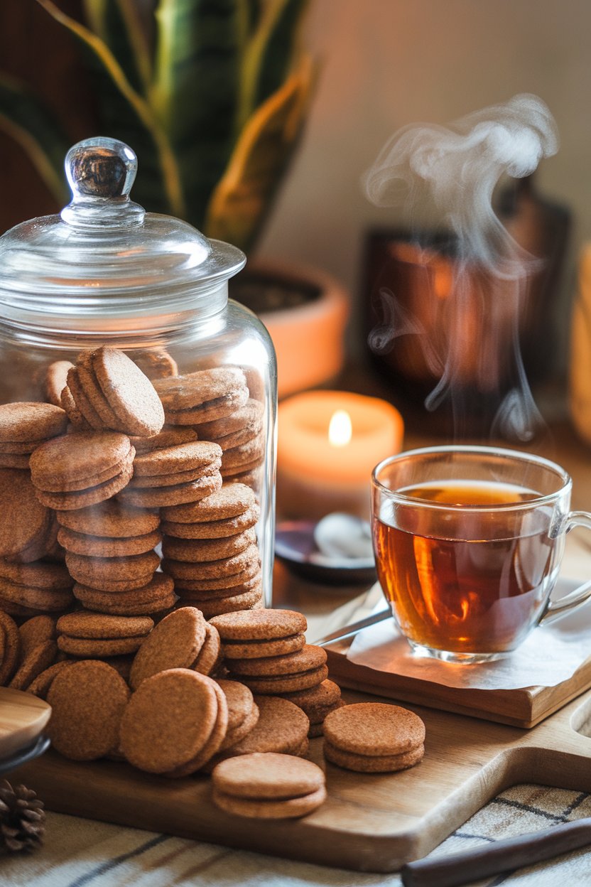 An indoor cookie jar overflowing with round cookies coated in cinnamon-chai sugar, steam from nearby tea visible. Photo, no text or logos.