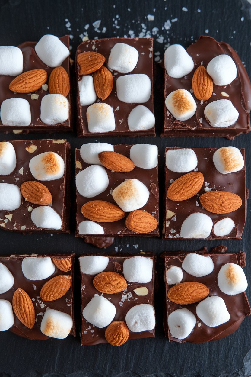 Indoor photo of chocolate rocky road squares studded with marshmallows and almonds, arranged on a black slate. No text or logos.