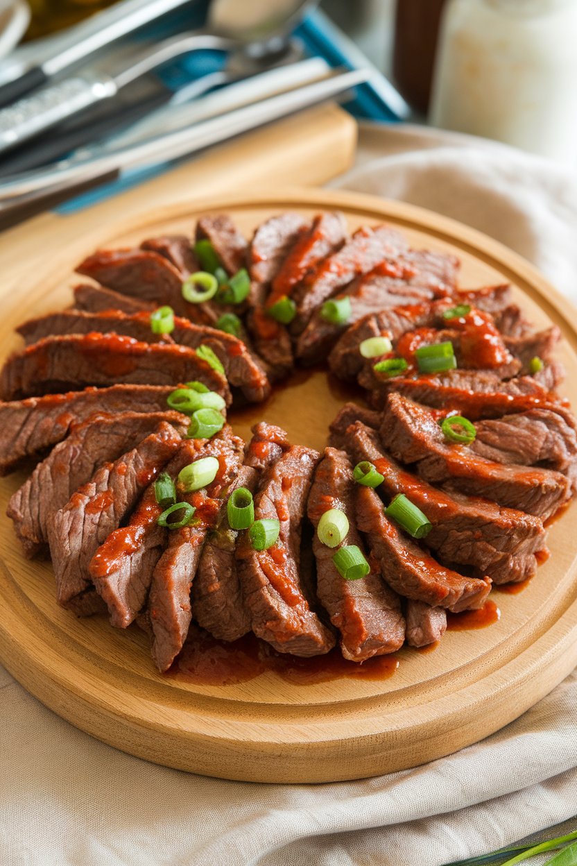 Indoor platter of beef strips glazed in red sriracha glaze, sprinkled green onions. No text or logos.