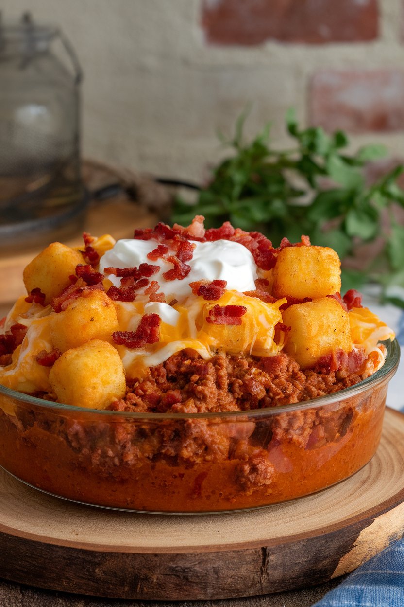 Indoor photo of a casserole dish topped with crisp tater tots, melted cheese, bacon bits, and sour cream drizzle; no text or logos.