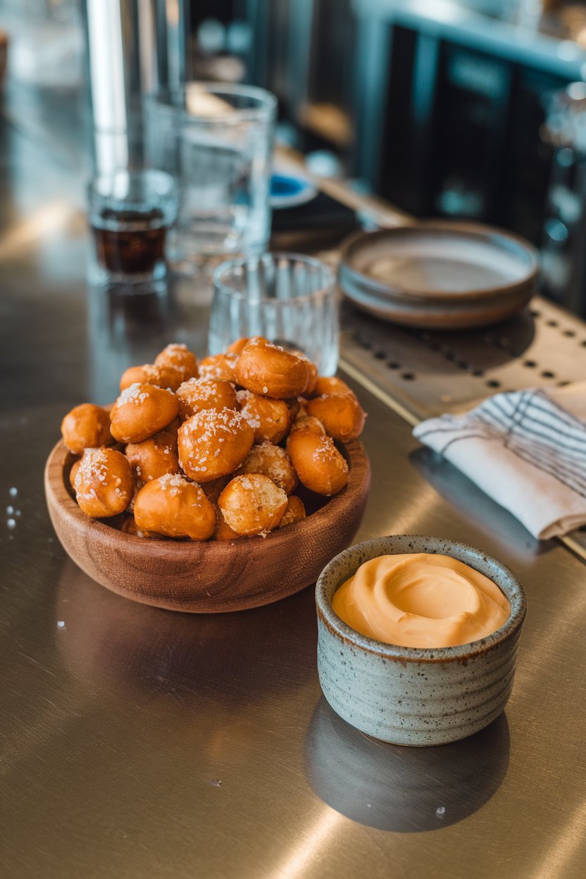 An indoor bar counter with a wooden bowl of golden pretzel bites sprinkled with coarse salt, next to a small ceramic cup of thick beer cheese dip. No branding or logos. Photo, not illustration.