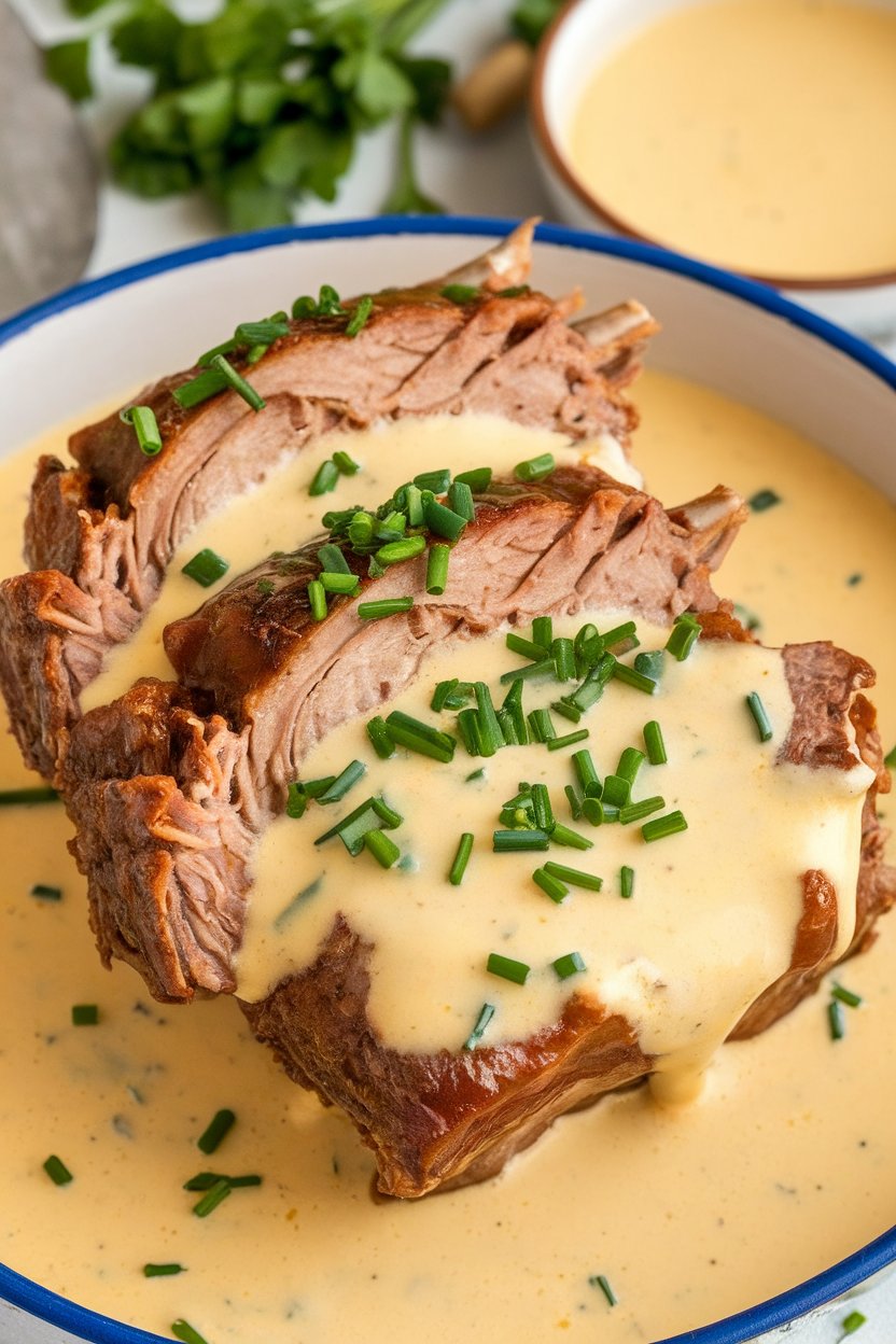 Indoor photo of short ribs smothered in creamy beer cheese sauce, chopped chives; no text or logos
