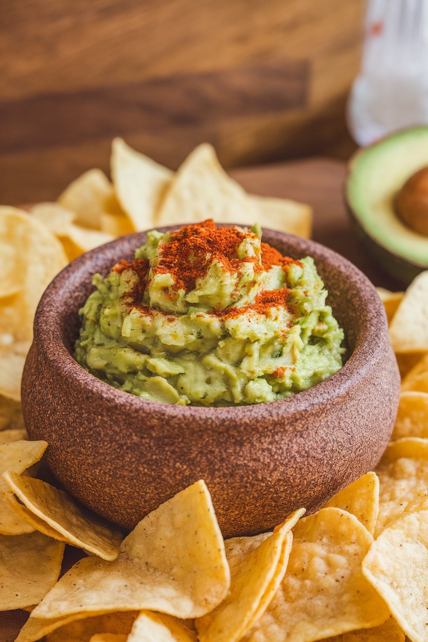 Photo prompt: Indoor ceramic molcajete filled with chunky guacamole topped with a sprinkle of Tajín, surrounded by tortilla chips. No text or logos. Photo, not illustration.