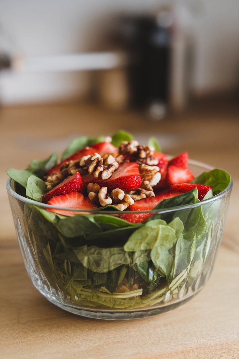 A clear glass bowl indoors holding baby spinach leaves, sliced strawberries, and toasted walnut halves with a light balsamic glaze. No text or logos. Photo only.