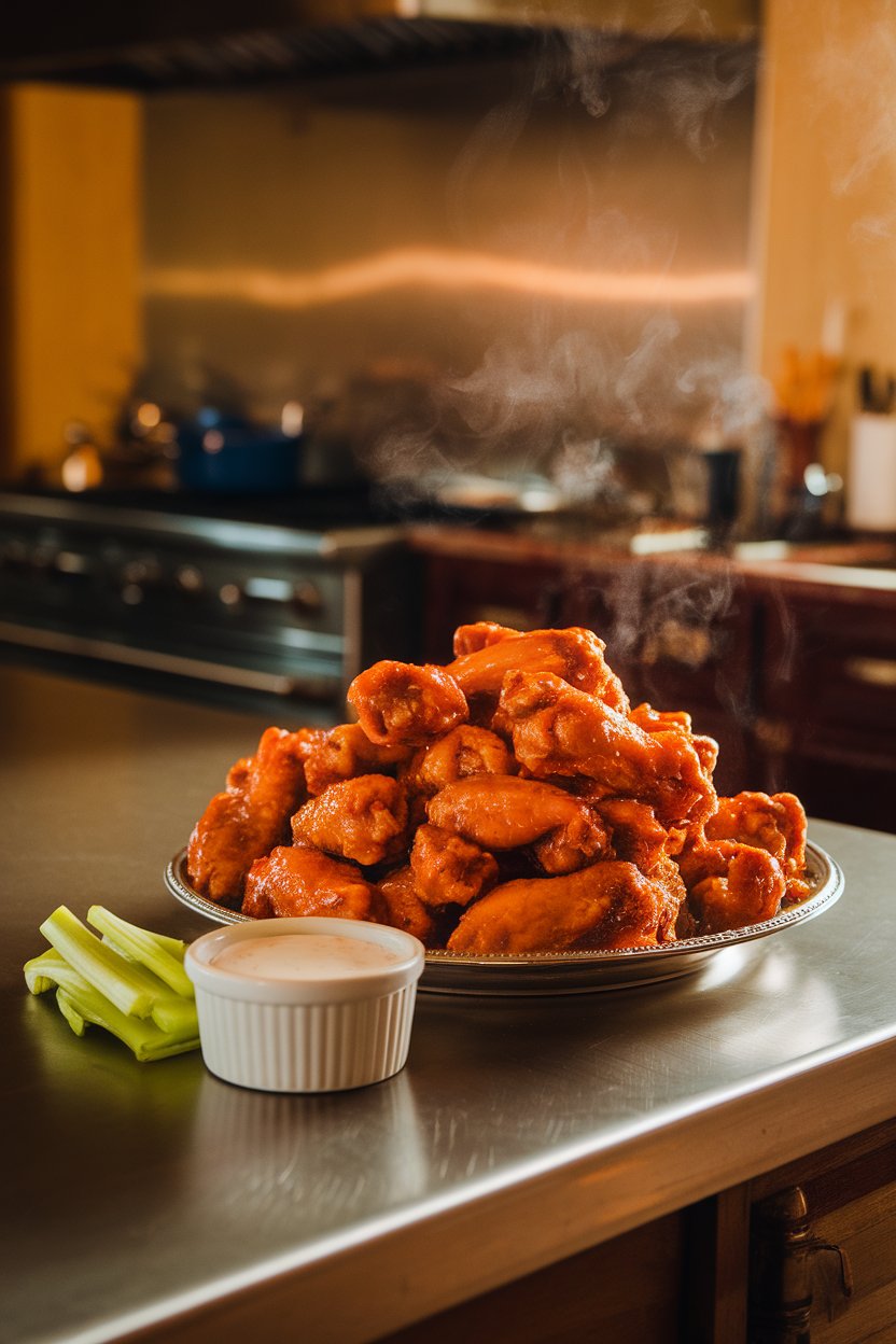 A warmly lit indoor kitchen island showcasing a platter piled high with glazed Buffalo wings, a small ramekin of creamy ranch on the side, and celery sticks for crunch. Steam rises subtly from the wings. No text or logos anywhere in the frame. Photo, not illustration.
