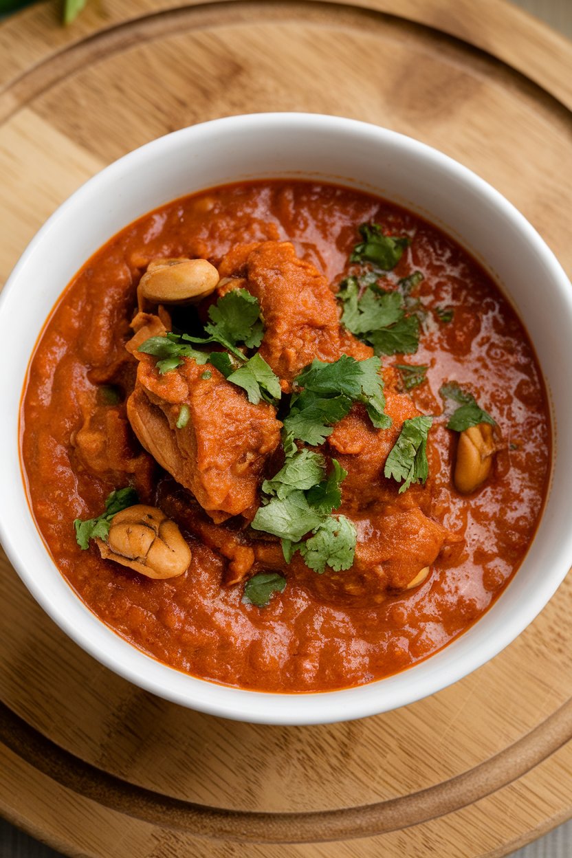Indoor bowl of thick, reddish groundnut stew—chicken pieces, peanut-tomato base, and chopped cilantro garnish. No text or logos. Photo.