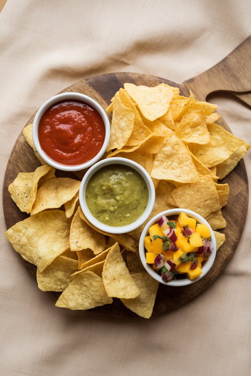 An indoor overhead shot of three small bowls: classic red salsa, roasted tomatillo salsa verde, and a fruity mango salsa, arranged on a wooden board with tortilla chips. No text or logos. Photo, not illustration.