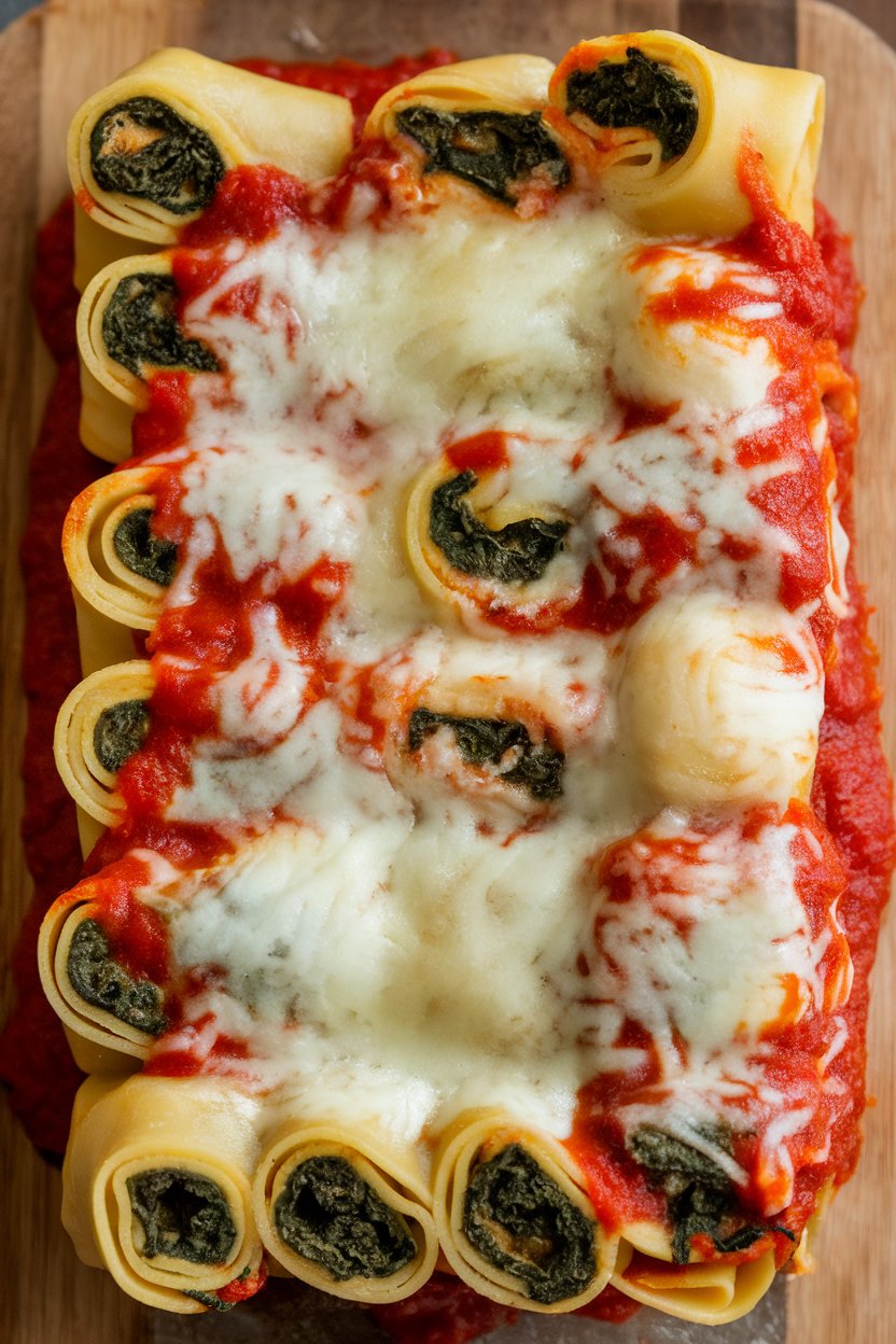Indoor photo of lasagna noodles rolled around spinach and cheese filling, arranged in baking dish with marinara, cheese melted on top, no text or logos