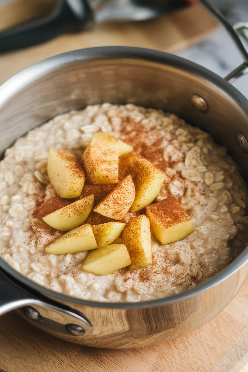 Indoor photo of a saucepan of cooked steel-cut oats topped with warm apple chunks and a sprinkle of cinnamon. No text or logos.