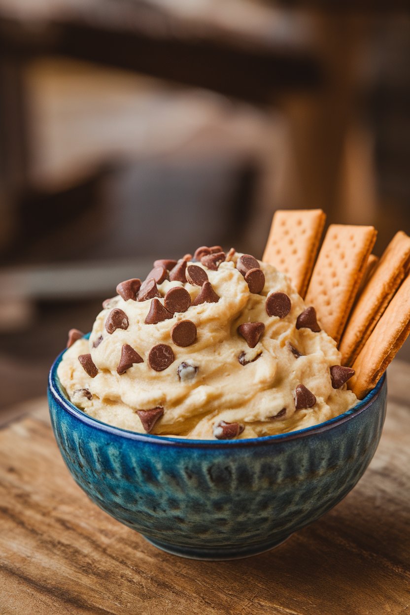 Indoor photo of creamy cookie dough dip with chocolate chips in a bowl, surrounded by graham crackers, no text or logos.