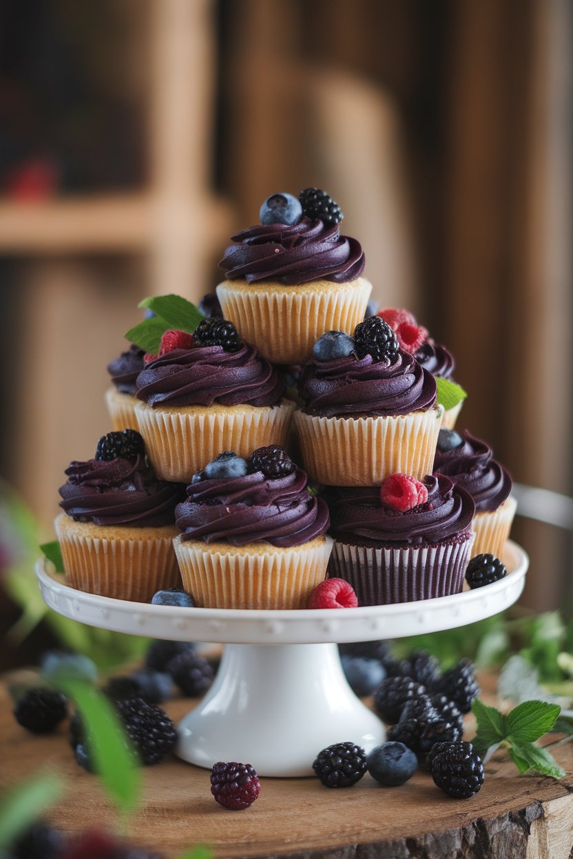 An indoor cupcake stand stacked high with blackberry-frosted vanilla cupcakes, deep purple swirls, fresh berry garnish, no text or logos.