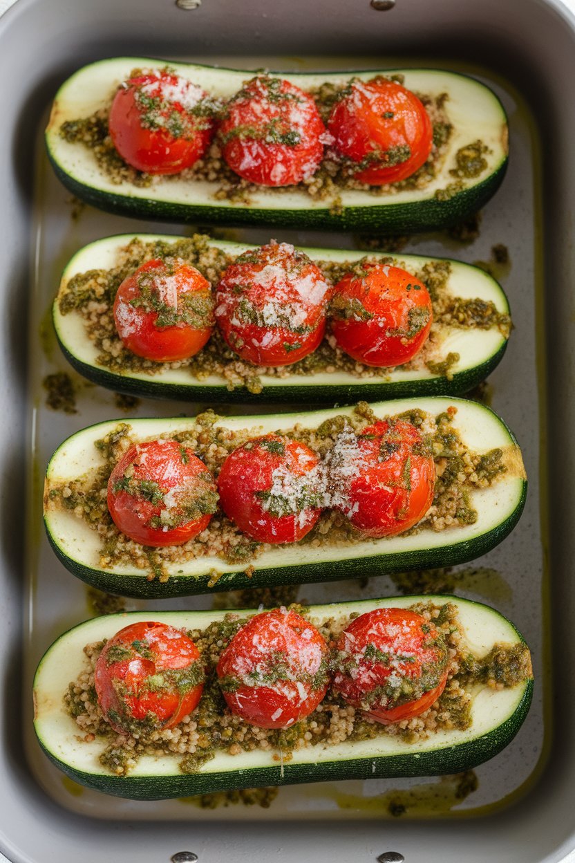 Indoor oven dish displaying halved zucchinis stuffed with cherry tomatoes and quinoa, drizzled with green pesto and sprinkled lightly with Parmesan. No text or logos. Photo only.