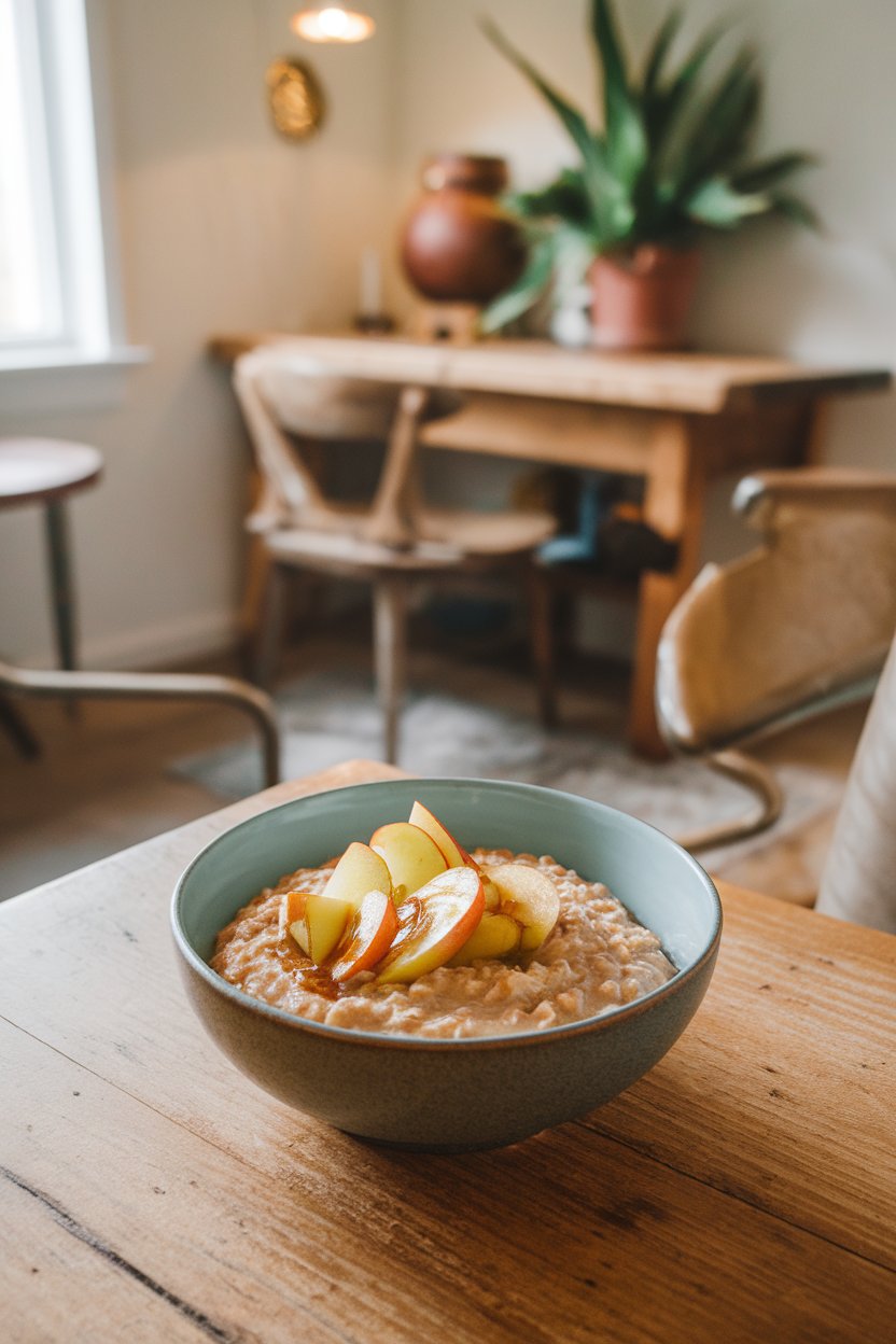 An indoor breakfast nook with a bowl of creamy apple cinnamon steel-cut oats topped with sautéed apples and a drizzle of maple syrup. No text or logos visible. Photo.