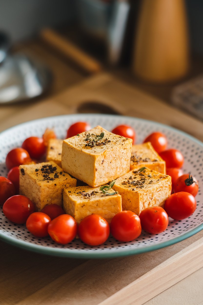 Photo prompt: Indoor plate with golden tofu cubes dusted in oregano and coarse black pepper, cherry tomatoes scattered around. No text or logos.