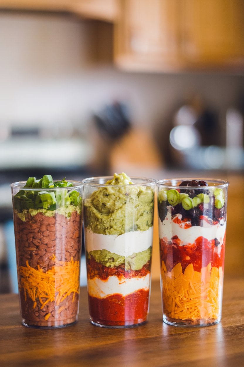 Indoor photo of clear plastic tumblers showing distinct layers of refried beans, guacamole, sour cream, salsa, cheese, olives, and scallions. No logos or text present.