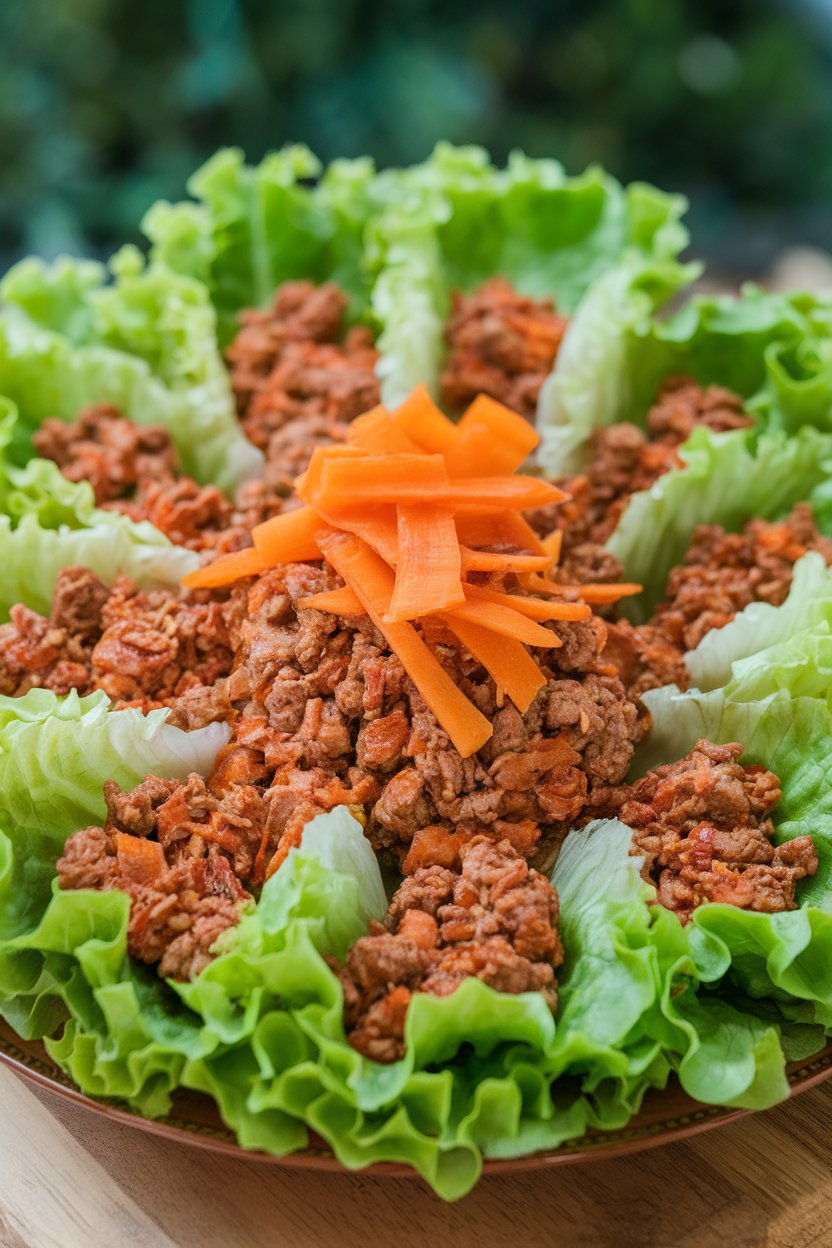 An indoor platter of crisp lettuce leaves filled with sweet chili ground turkey, carrot ribbons on top. No text or logos.