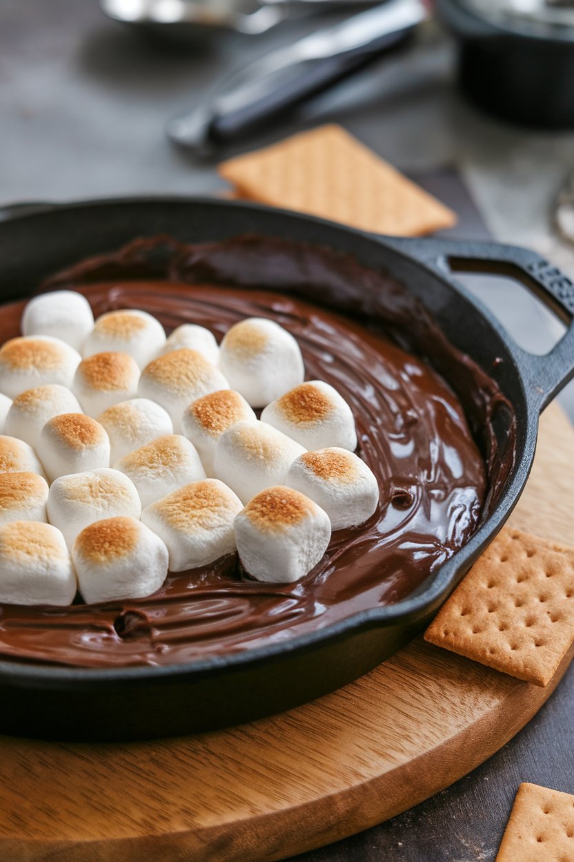 An indoor cast-iron skillet filled with gooey melted chocolate and toasted marshmallows, served with graham crackers on the side. No text or logos; photo, not illustration.