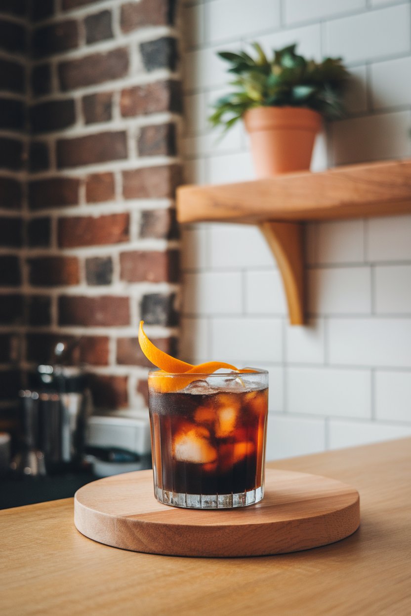 Indoor coffee bar featuring a rocks glass of dark Cold Brew Negroni, clear ice cube, expressed orange peel, no logos or text. Photo only.