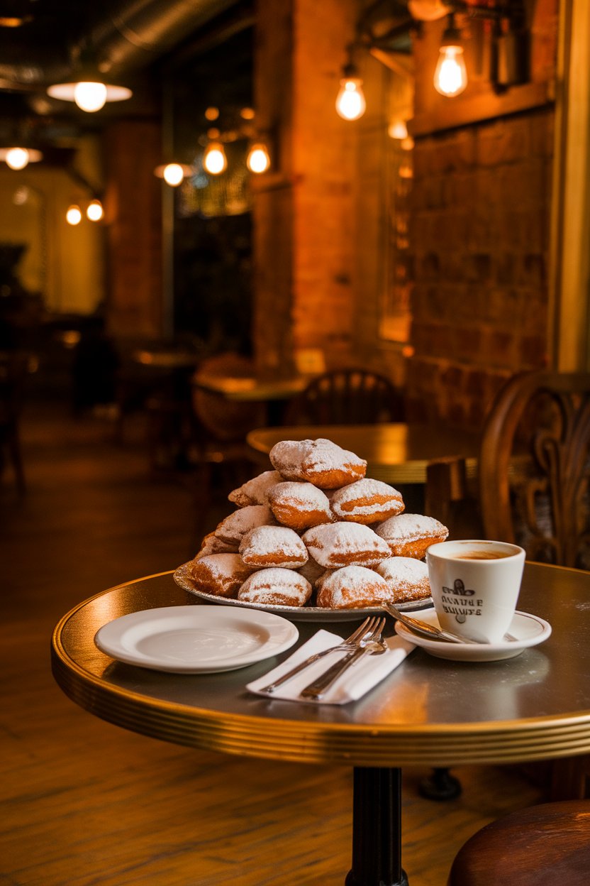 A warmly lit café table indoors featuring a plate piled high with powdered-sugar-dusted beignets, accompanied by a small cup of chicory coffee. Photo, no text or logos.