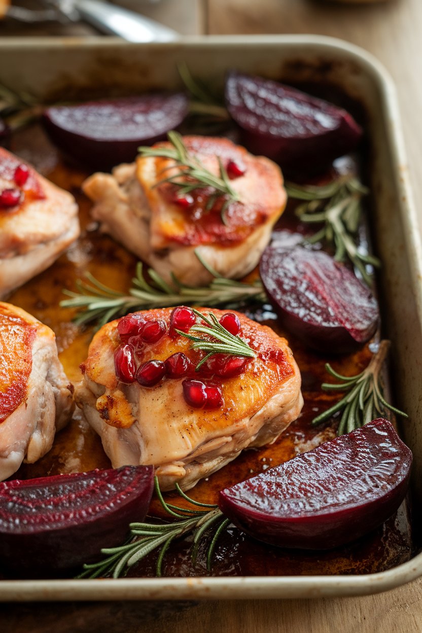 Indoor photo of chicken thighs brushed with pomegranate molasses, roasted beet wedges, and rosemary sprigs on a pan; warm light, no text or logos