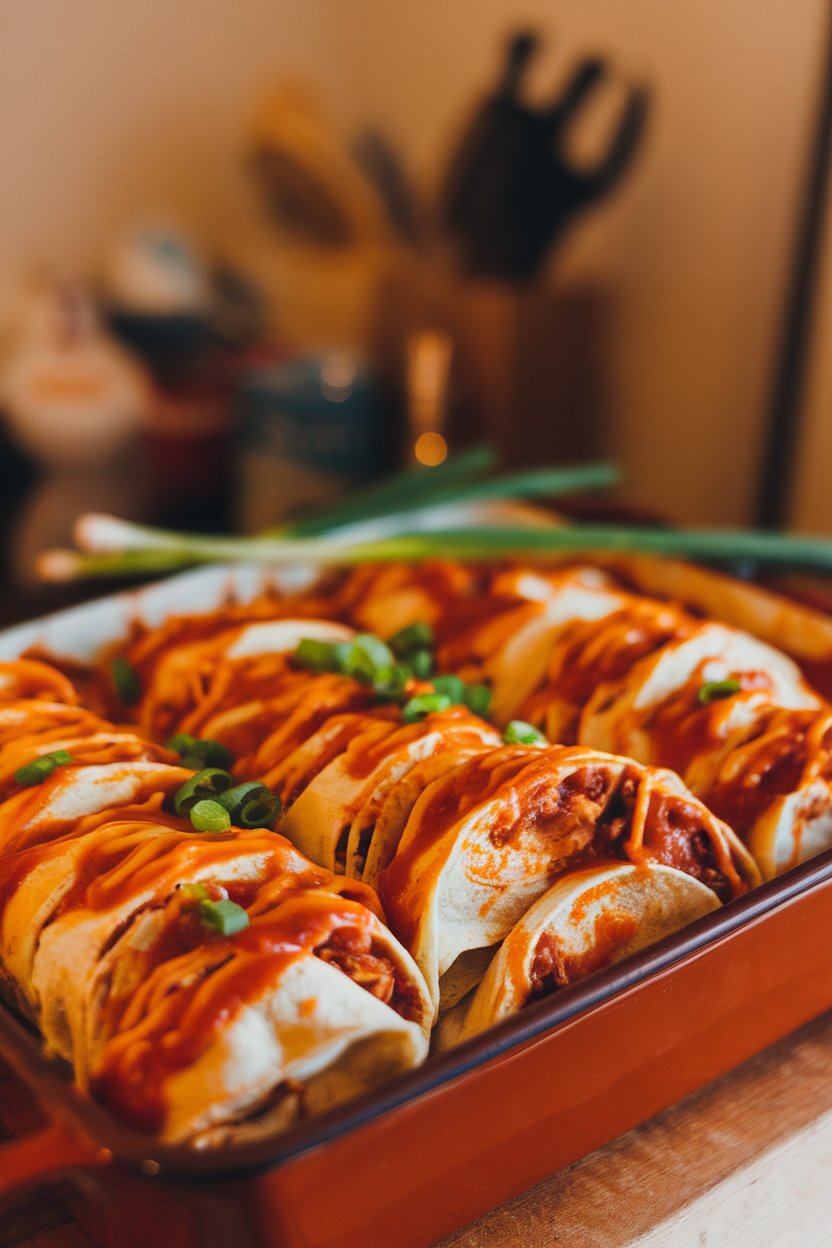 Indoor photo of a casserole dish packed with sliced, cheese-topped burritos smothered in enchilada sauce; no text or logos.