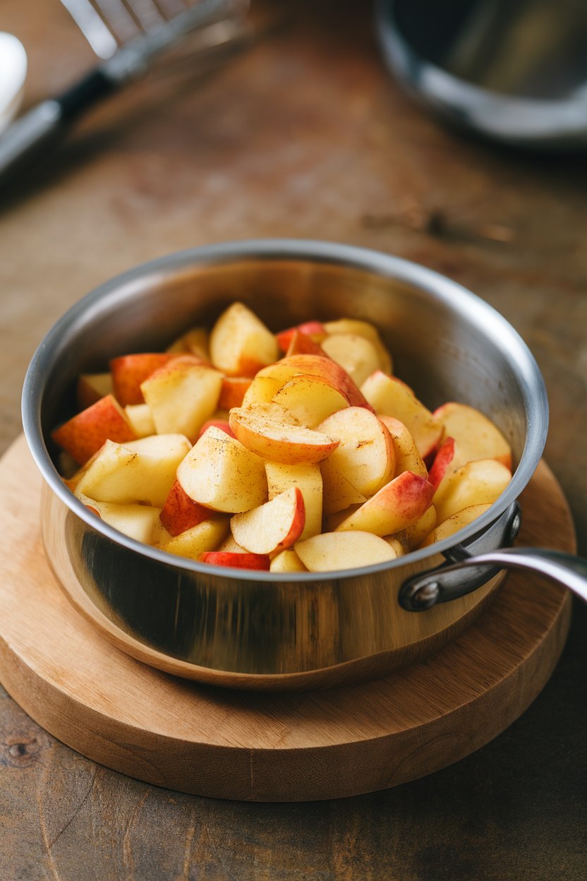 Indoor saucepan of cinnamon-spiced apple filling, chunks tender but intact. No text or logos.