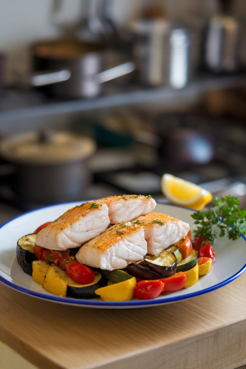 Indoor photo of haddock fillets on top of roasted zucchini, eggplant, tomato, and bell pepper medley; no text or logos