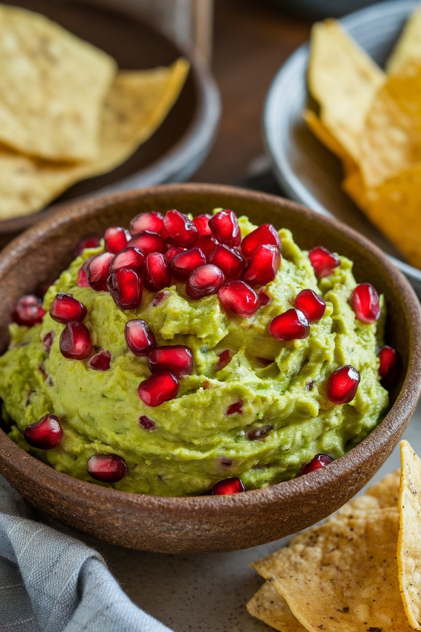 Photo of bright green guacamole dotted with ruby pomegranate seeds in a rustic bowl, tortilla chips nearby, indoors. No text or logos.