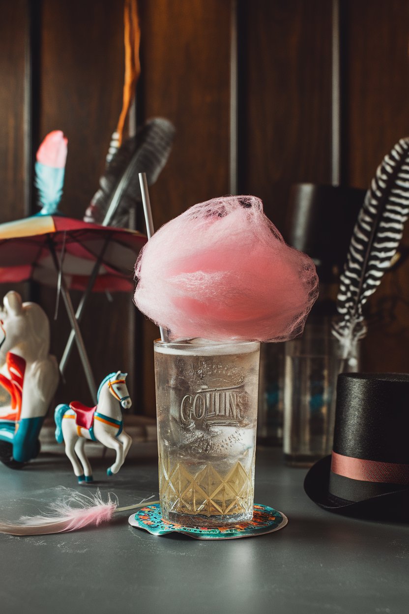 Indoor carnival-inspired bar top with a Collins glass of clear fizzy drink topped with puff of pink cotton candy beginning to dissolve, no text or logos, photo
