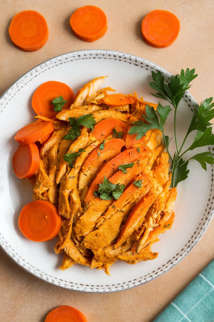 An indoor plate of shredded turmeric-orange chicken with roasted carrot coins, sprinkle of parsley. No text or logos.