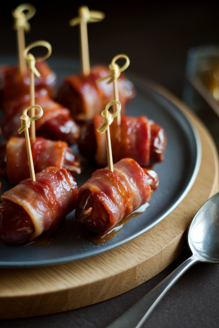 Indoor hors d’oeuvre tray with toothpick-speared bacon-wrapped dates, glaze gleaming under warm light. No text or logos.
