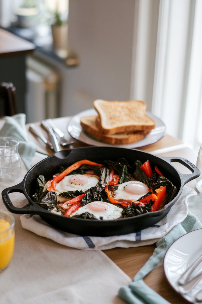 Indoor brunch table with a cast-iron skillet of tomato-poached eggs nestled in Swiss chard and peppers. No text or logos. Photo, not illustration.