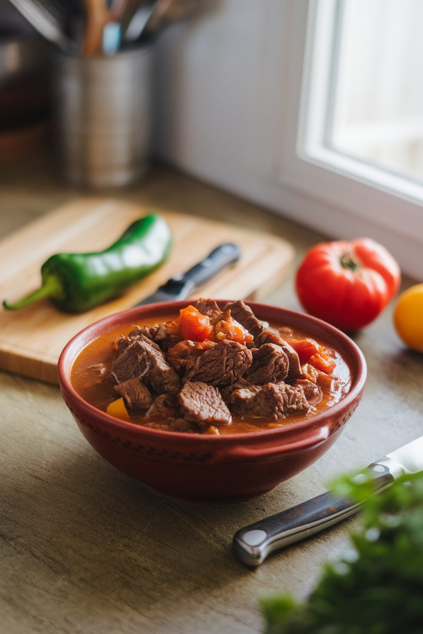 Indoor Mexican kitchen counter scene with a bowl of beef stew featuring chunks of poblano peppers and fire-roasted tomatoes. No text or logos. Photo.