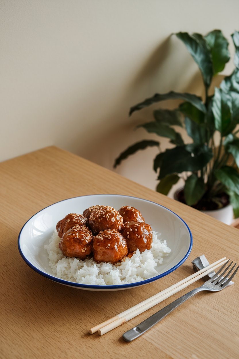 An indoor dining scene with glossy teriyaki meatballs over white rice, sprinkled with sesame seeds. No text or logos. Photo only.