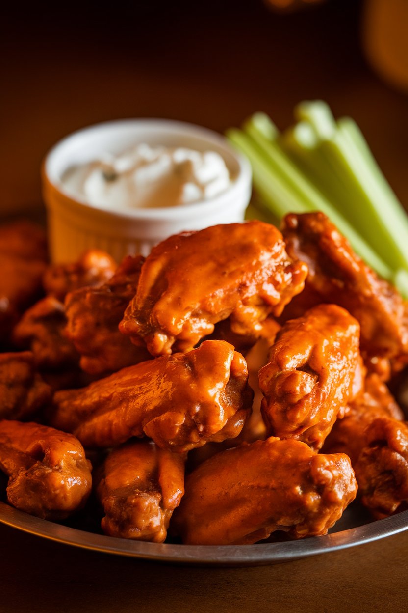 Indoor photo of a platter piled high with cooked, saucy Buffalo chicken wings, a ramekin of creamy blue cheese dressing, and celery sticks on the side; warm lighting, no text or logos