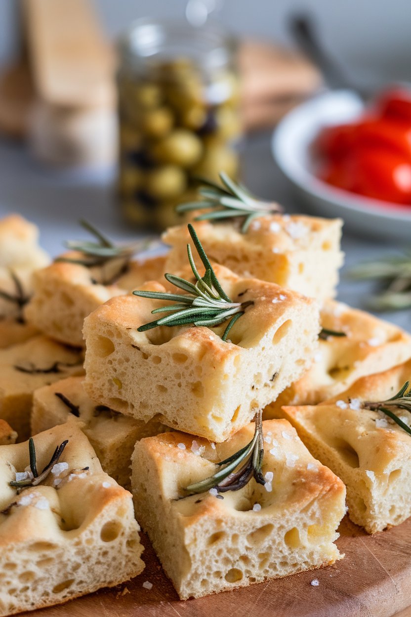 Indoor shot of bite-size focaccia squares with visible rosemary leaves and a light sea-salt sprinkle. Photo, no text or logos.