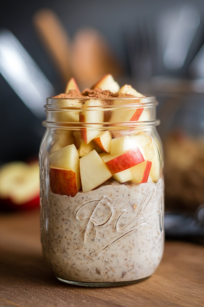 A mason jar indoors filled with layered overnight oats, diced apples, and a sprinkle of cinnamon on top. No text or logos. Photo only.