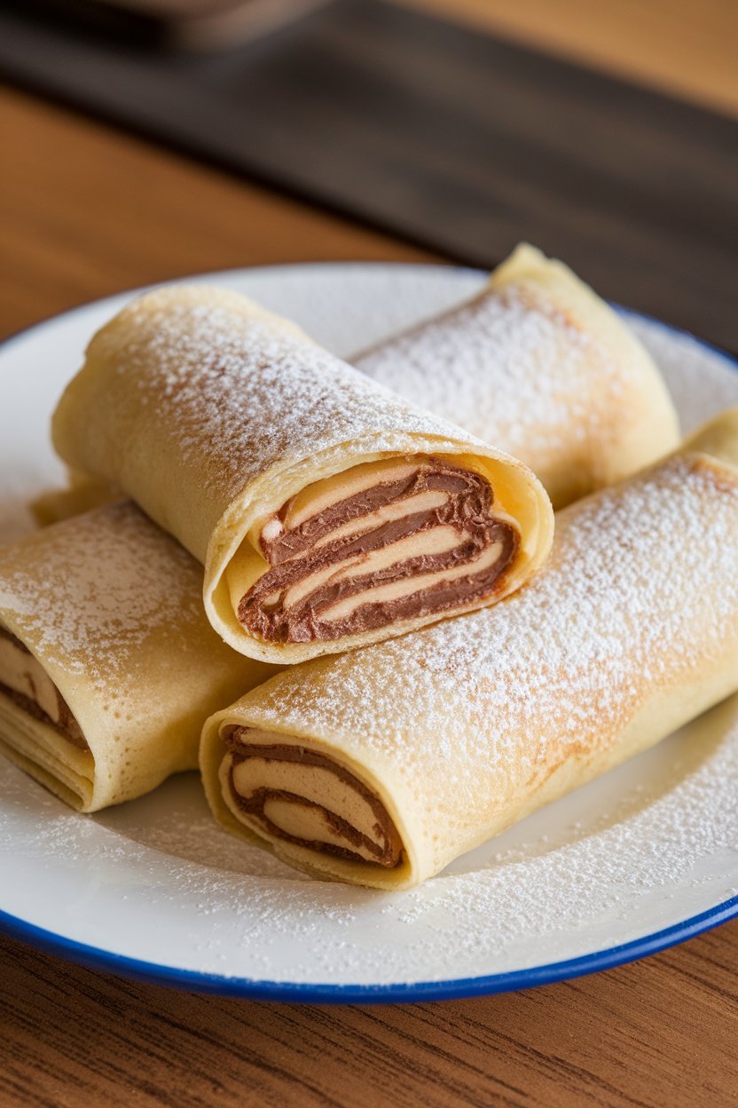 Indoor dessert plate with rolled crepes lightly dusted with powdered sugar, one cut to reveal Nutella filling, no logos or text.