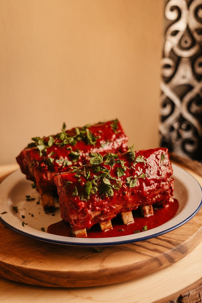 Indoor photo of short ribs covered in deep red harissa sauce, sprinkled with chopped mint; no text or logos