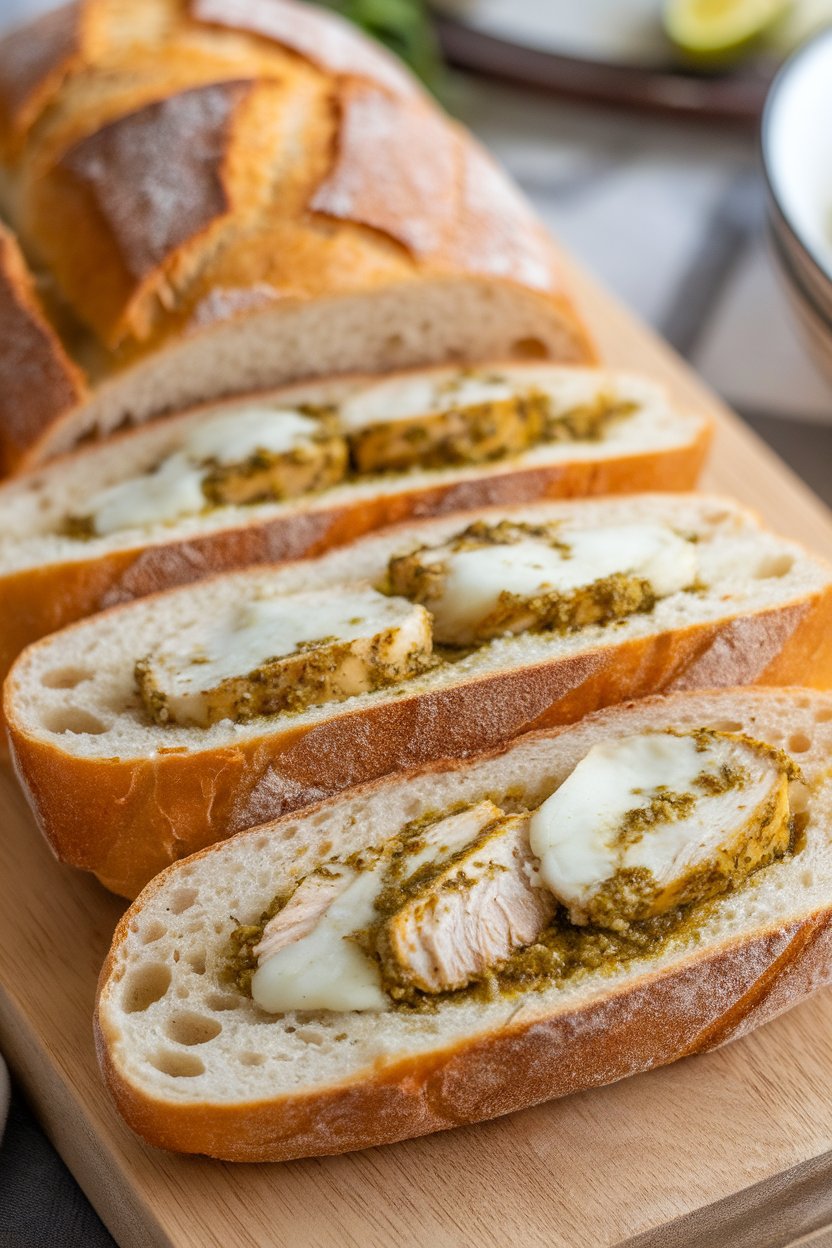 Indoor photo of sliced French bread loaf filled with pesto-coated chicken chunks and melted mozzarella, pieces fanned out; no text or logos.