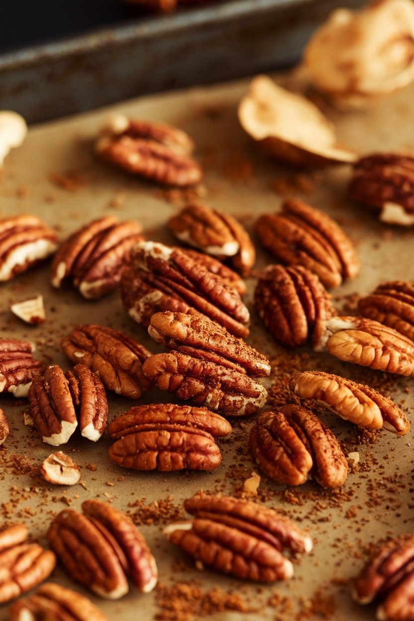 Indoor close-up photo of roasted pecans coated in Cajun seasoning, scattered on a baking sheet. No text or logos anywhere.