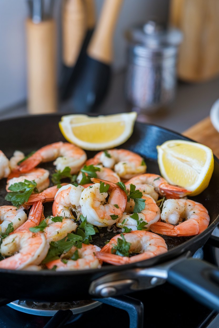 Indoor photo of sizzling skillet with cooked shrimp tossed in garlic and parsley, lemon wedges tucked along the rim. No text or logos.